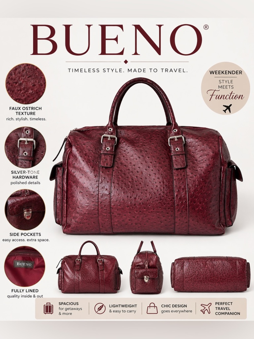 BUENO Burgundy Faux-Ostrich weekender Bag Duffle Travel Carry On.